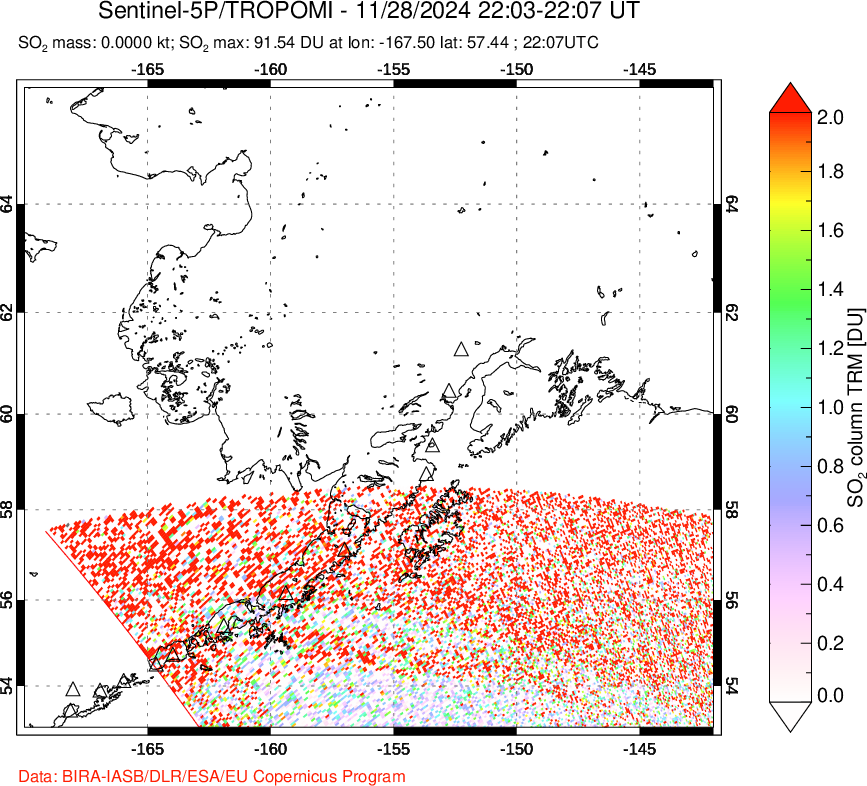 A sulfur dioxide image over Alaska, USA on Nov 28, 2024.