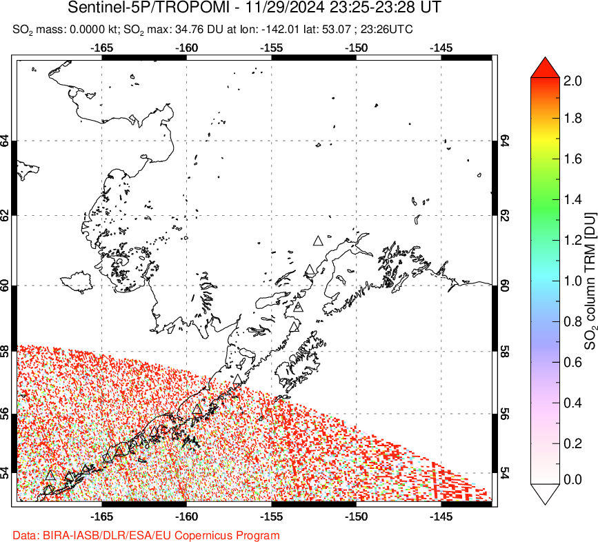 A sulfur dioxide image over Alaska, USA on Nov 29, 2024.