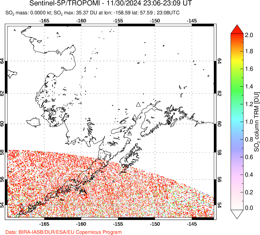 A sulfur dioxide image over Alaska, USA on Nov 30, 2024.