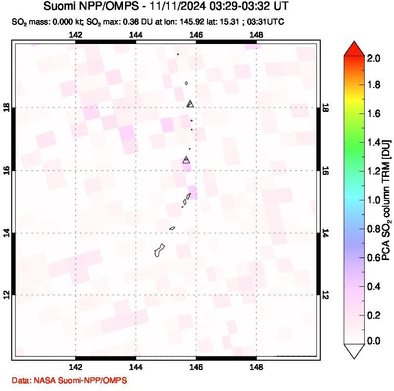 A sulfur dioxide image over Anatahan, Mariana Islands on Nov 11, 2024.