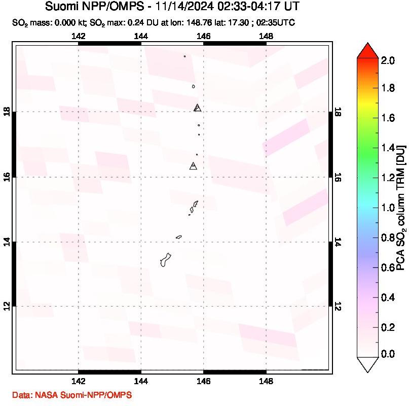 A sulfur dioxide image over Anatahan, Mariana Islands on Nov 14, 2024.