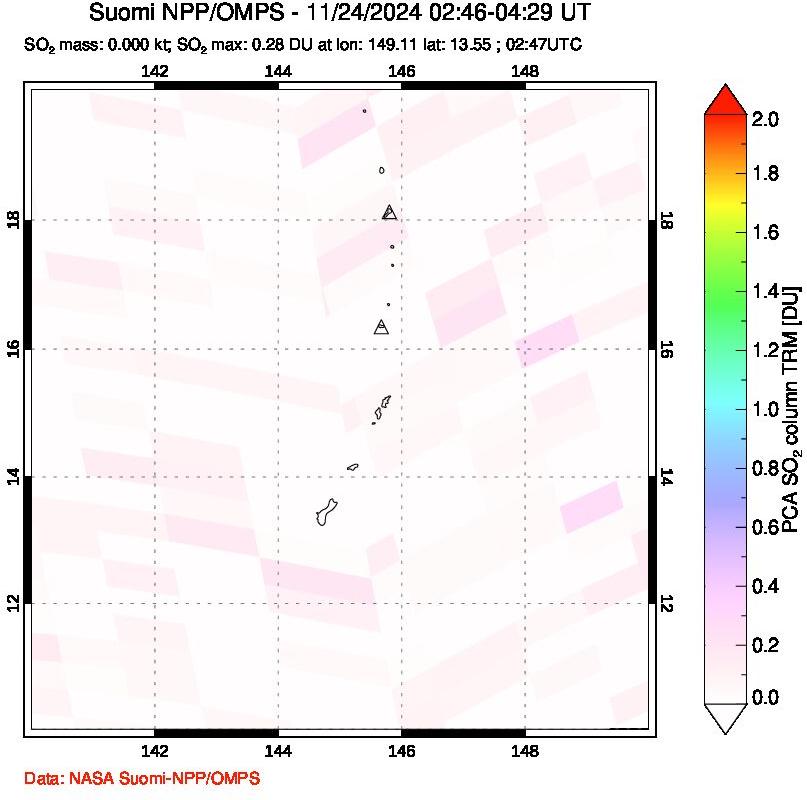 A sulfur dioxide image over Anatahan, Mariana Islands on Nov 24, 2024.