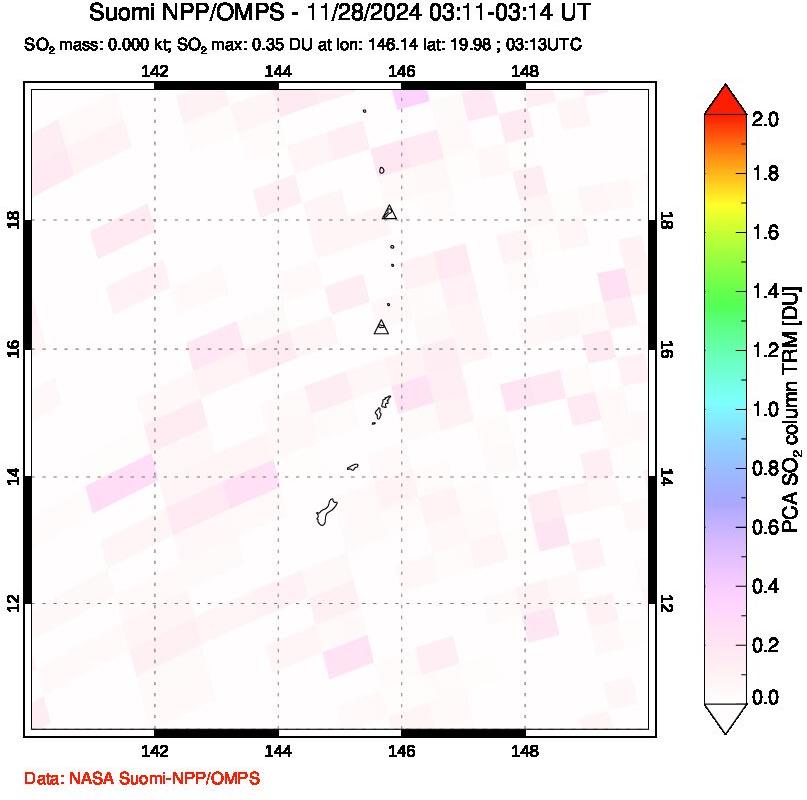 A sulfur dioxide image over Anatahan, Mariana Islands on Nov 28, 2024.