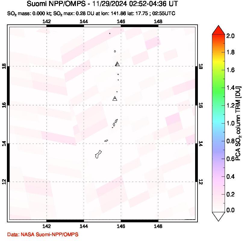 A sulfur dioxide image over Anatahan, Mariana Islands on Nov 29, 2024.