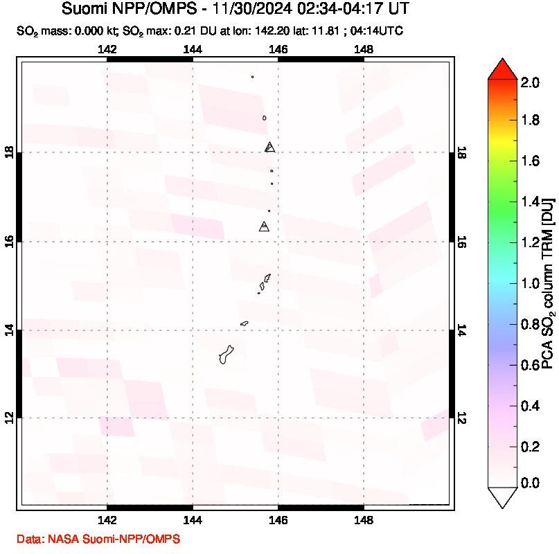 A sulfur dioxide image over Anatahan, Mariana Islands on Nov 30, 2024.