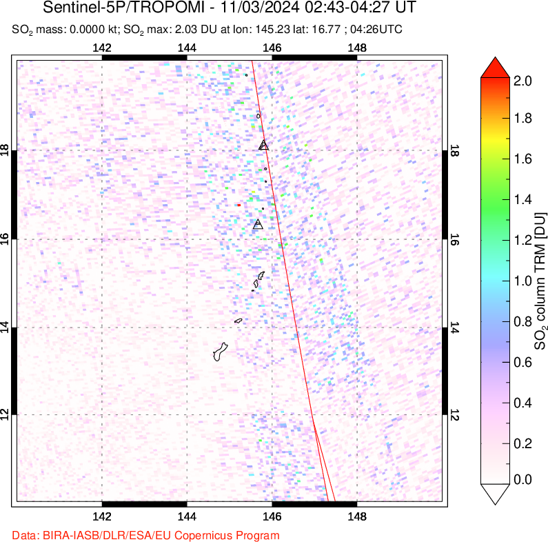 A sulfur dioxide image over Anatahan, Mariana Islands on Nov 03, 2024.