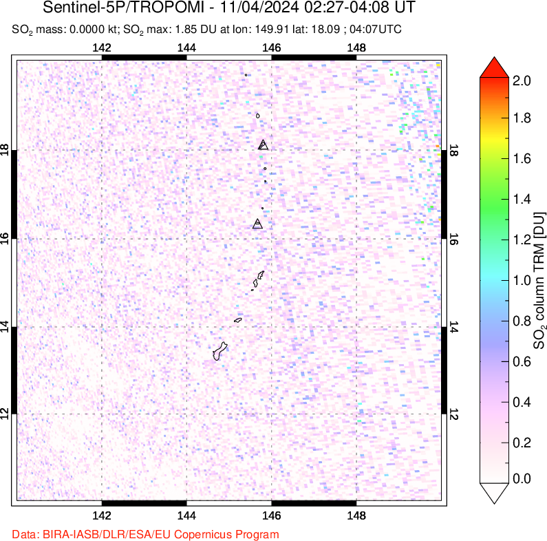 A sulfur dioxide image over Anatahan, Mariana Islands on Nov 04, 2024.