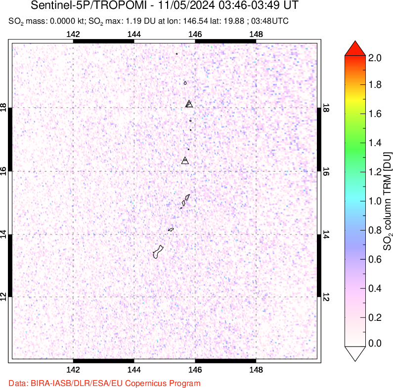 A sulfur dioxide image over Anatahan, Mariana Islands on Nov 05, 2024.