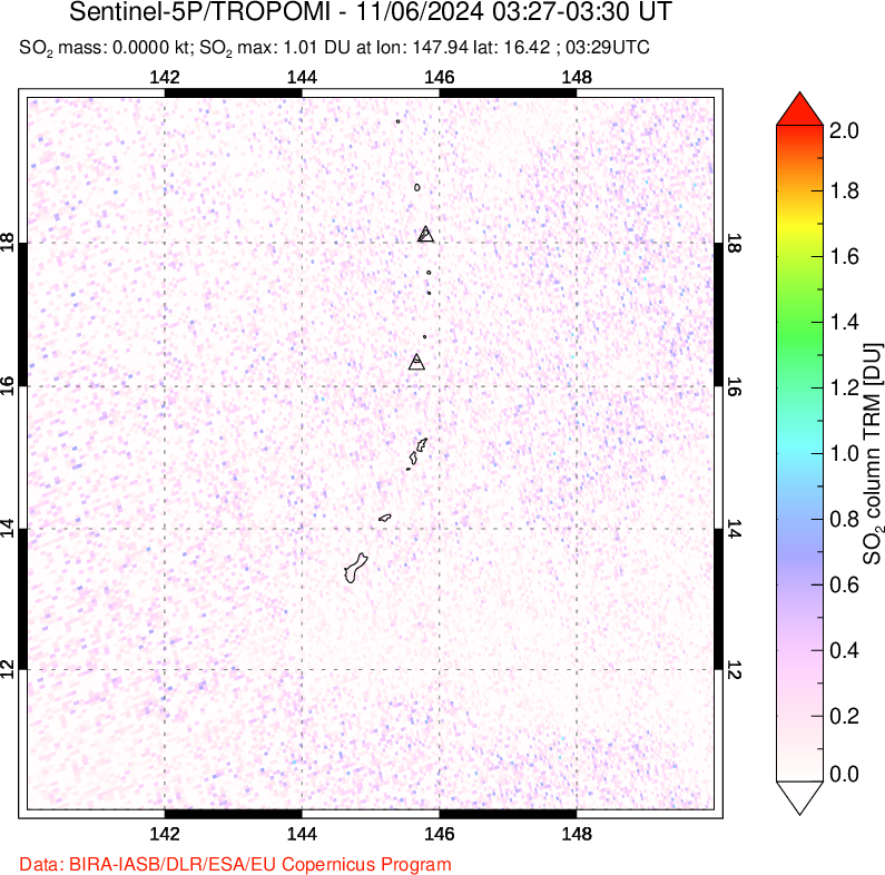 A sulfur dioxide image over Anatahan, Mariana Islands on Nov 06, 2024.