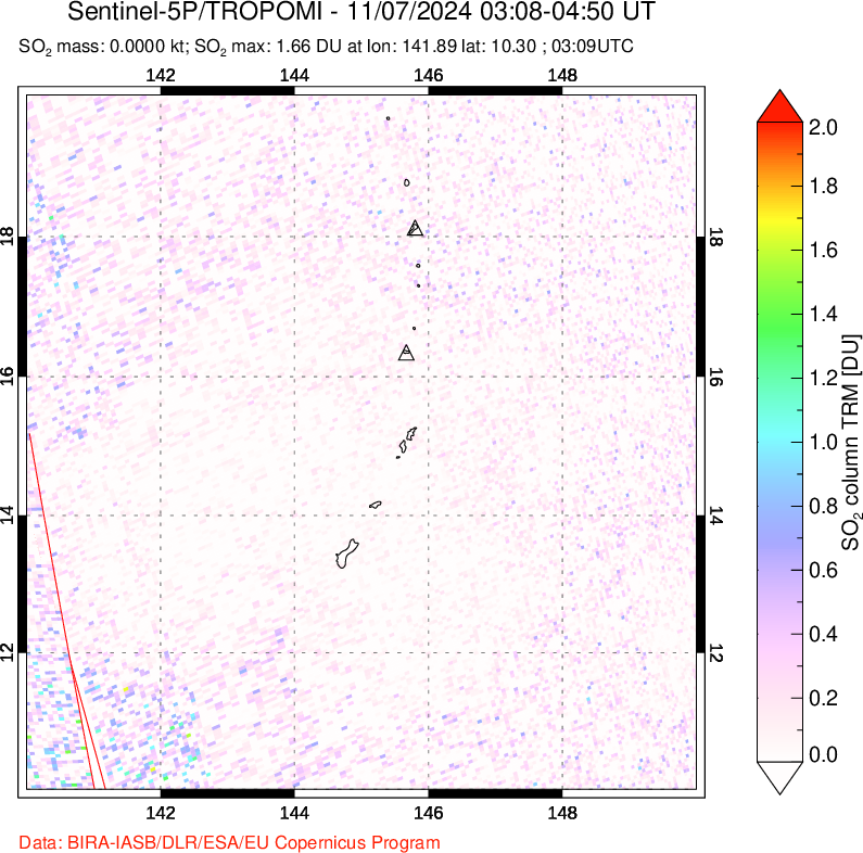 A sulfur dioxide image over Anatahan, Mariana Islands on Nov 07, 2024.