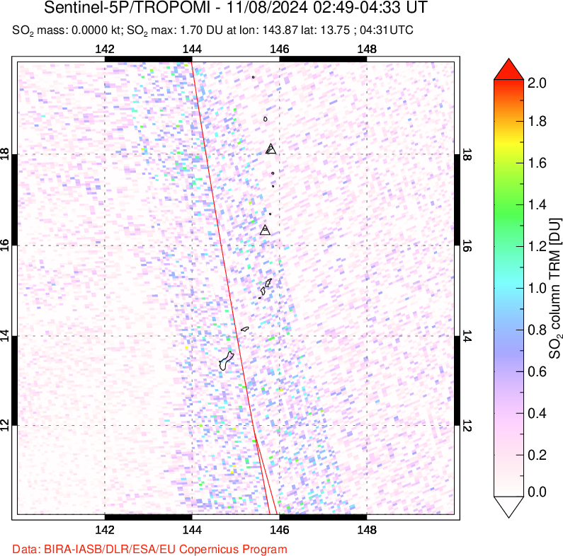 A sulfur dioxide image over Anatahan, Mariana Islands on Nov 08, 2024.