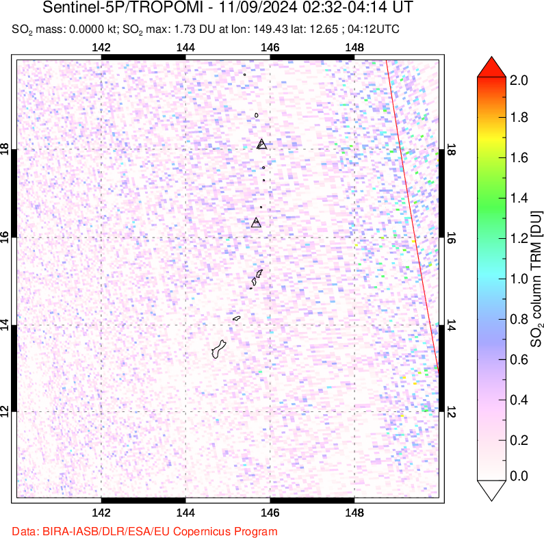 A sulfur dioxide image over Anatahan, Mariana Islands on Nov 09, 2024.