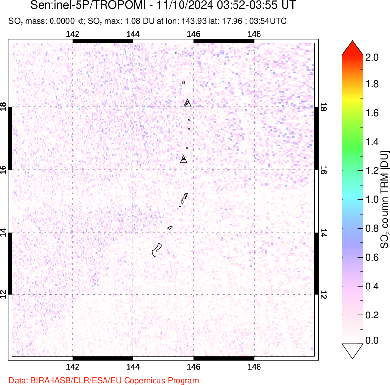 A sulfur dioxide image over Anatahan, Mariana Islands on Nov 10, 2024.