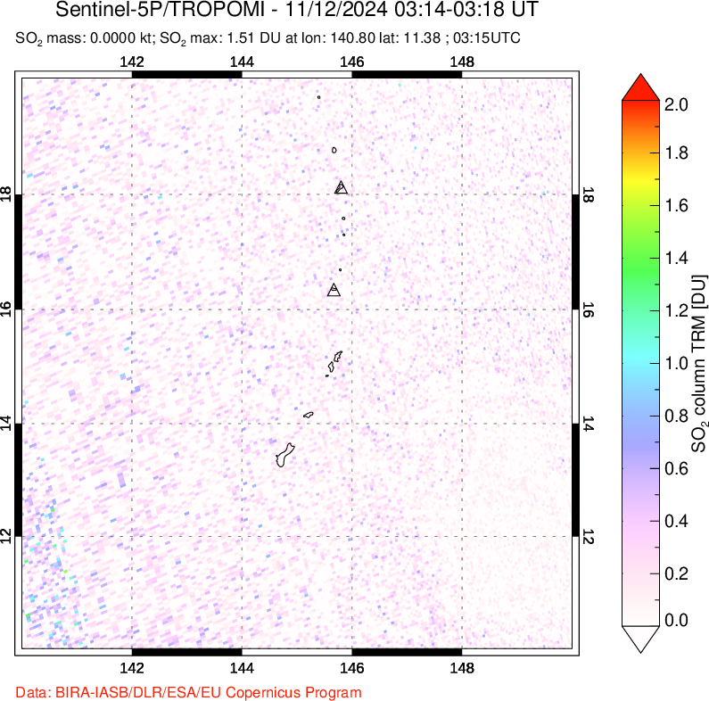 A sulfur dioxide image over Anatahan, Mariana Islands on Nov 12, 2024.