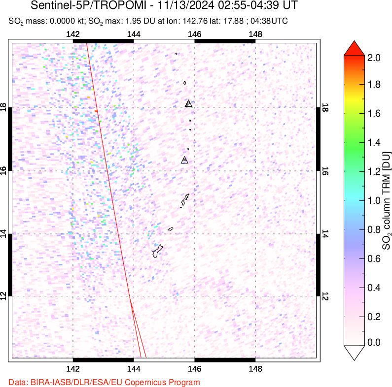 A sulfur dioxide image over Anatahan, Mariana Islands on Nov 13, 2024.