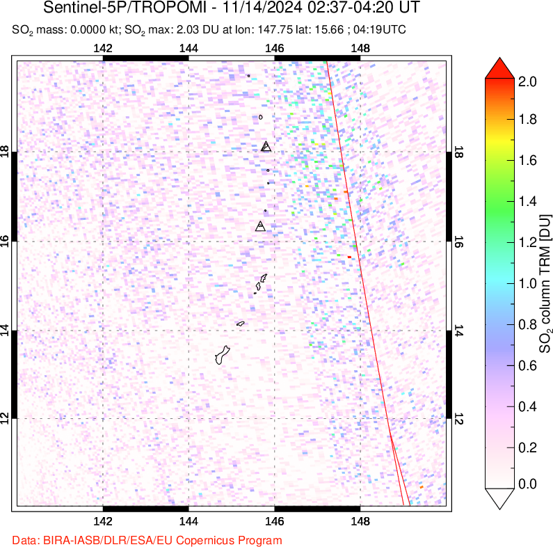 A sulfur dioxide image over Anatahan, Mariana Islands on Nov 14, 2024.