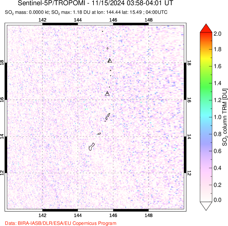 A sulfur dioxide image over Anatahan, Mariana Islands on Nov 15, 2024.