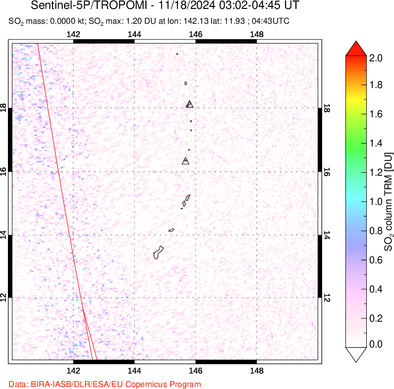 A sulfur dioxide image over Anatahan, Mariana Islands on Nov 18, 2024.