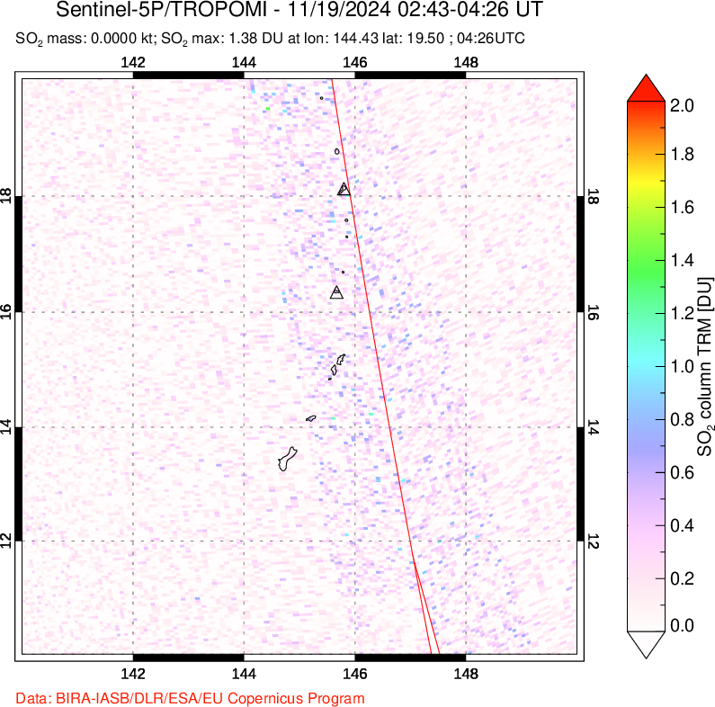 A sulfur dioxide image over Anatahan, Mariana Islands on Nov 19, 2024.