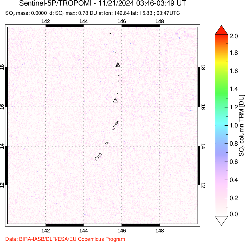 A sulfur dioxide image over Anatahan, Mariana Islands on Nov 21, 2024.