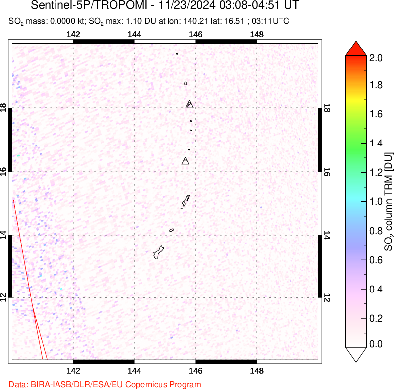 A sulfur dioxide image over Anatahan, Mariana Islands on Nov 23, 2024.