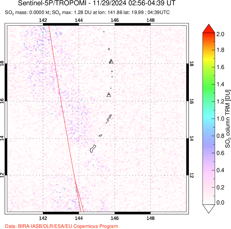 A sulfur dioxide image over Anatahan, Mariana Islands on Nov 29, 2024.