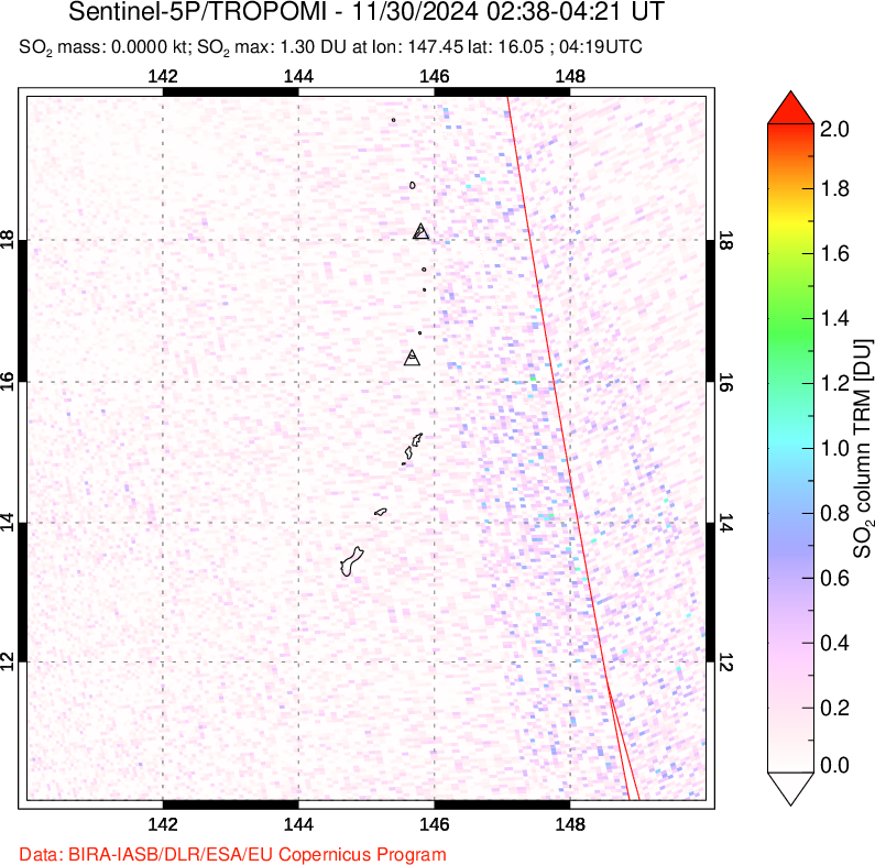 A sulfur dioxide image over Anatahan, Mariana Islands on Nov 30, 2024.