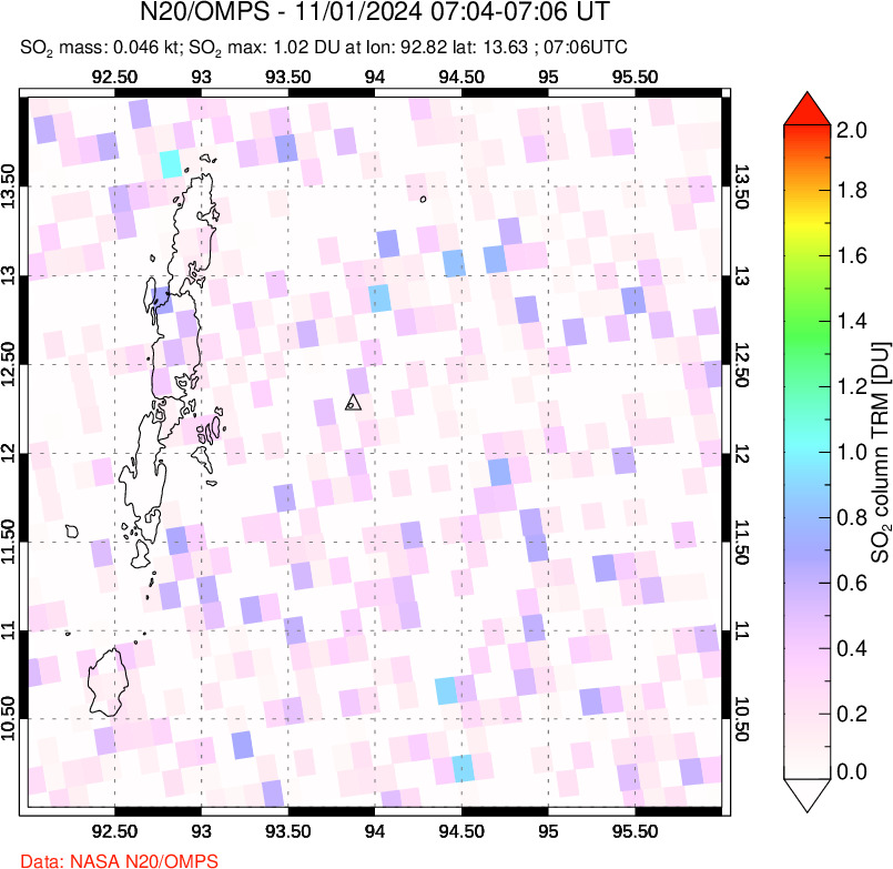 A sulfur dioxide image over Andaman Islands, Indian Ocean on Nov 01, 2024.