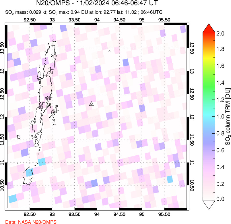 A sulfur dioxide image over Andaman Islands, Indian Ocean on Nov 02, 2024.