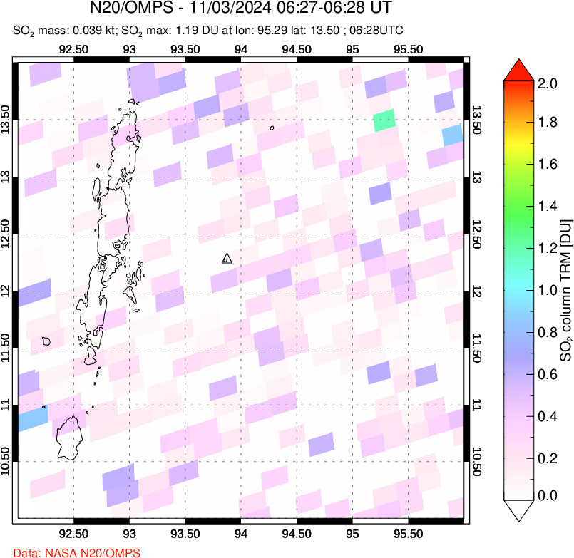 A sulfur dioxide image over Andaman Islands, Indian Ocean on Nov 03, 2024.