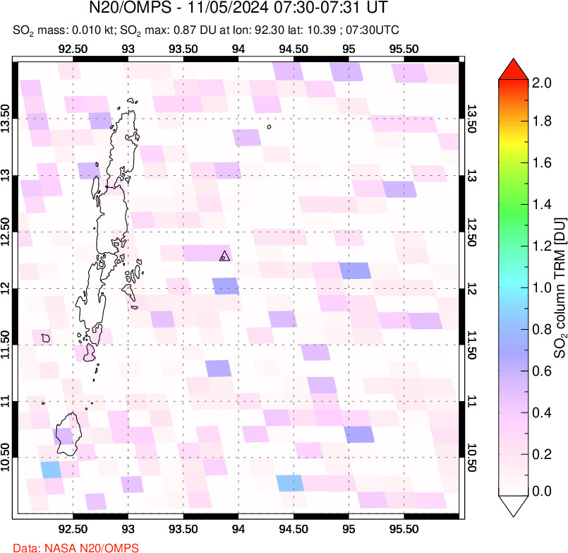 A sulfur dioxide image over Andaman Islands, Indian Ocean on Nov 05, 2024.