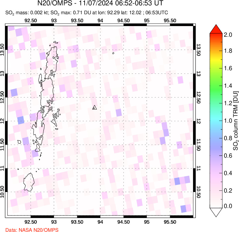 A sulfur dioxide image over Andaman Islands, Indian Ocean on Nov 07, 2024.