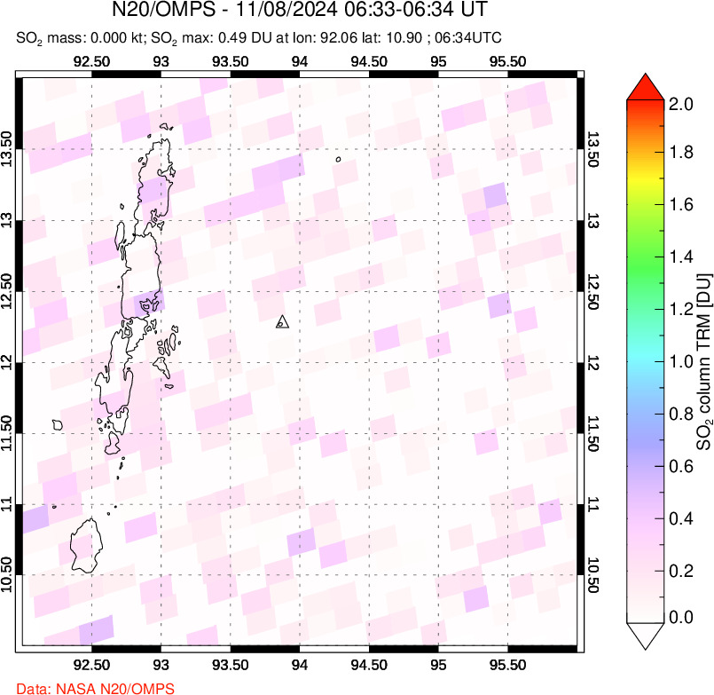 A sulfur dioxide image over Andaman Islands, Indian Ocean on Nov 08, 2024.