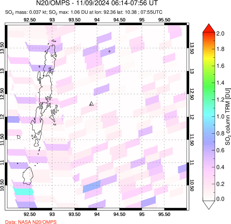 A sulfur dioxide image over Andaman Islands, Indian Ocean on Nov 09, 2024.