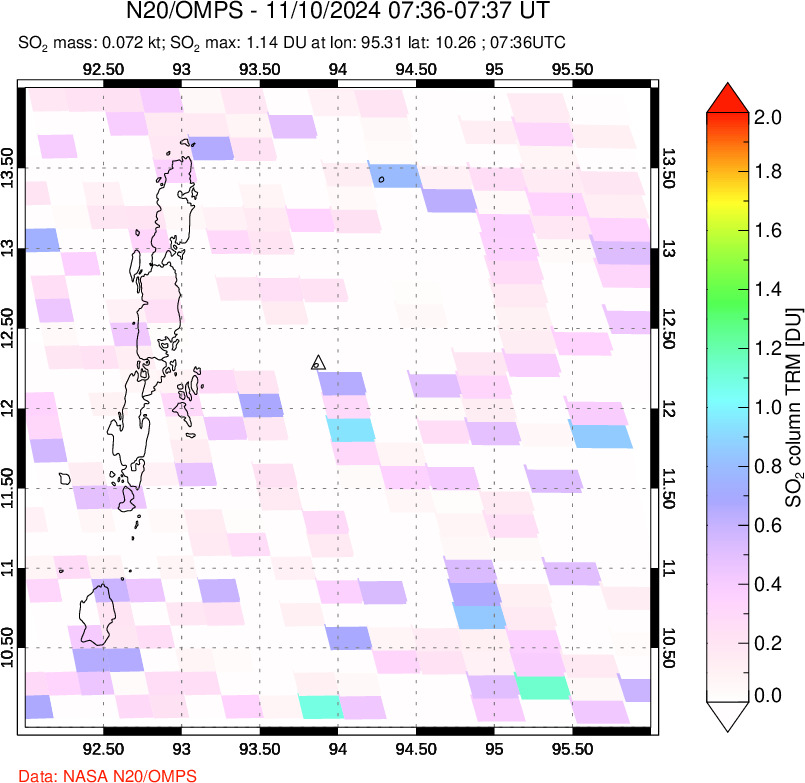 A sulfur dioxide image over Andaman Islands, Indian Ocean on Nov 10, 2024.