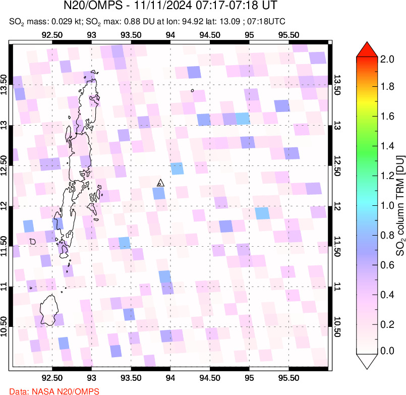 A sulfur dioxide image over Andaman Islands, Indian Ocean on Nov 11, 2024.