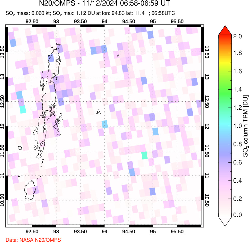 A sulfur dioxide image over Andaman Islands, Indian Ocean on Nov 12, 2024.