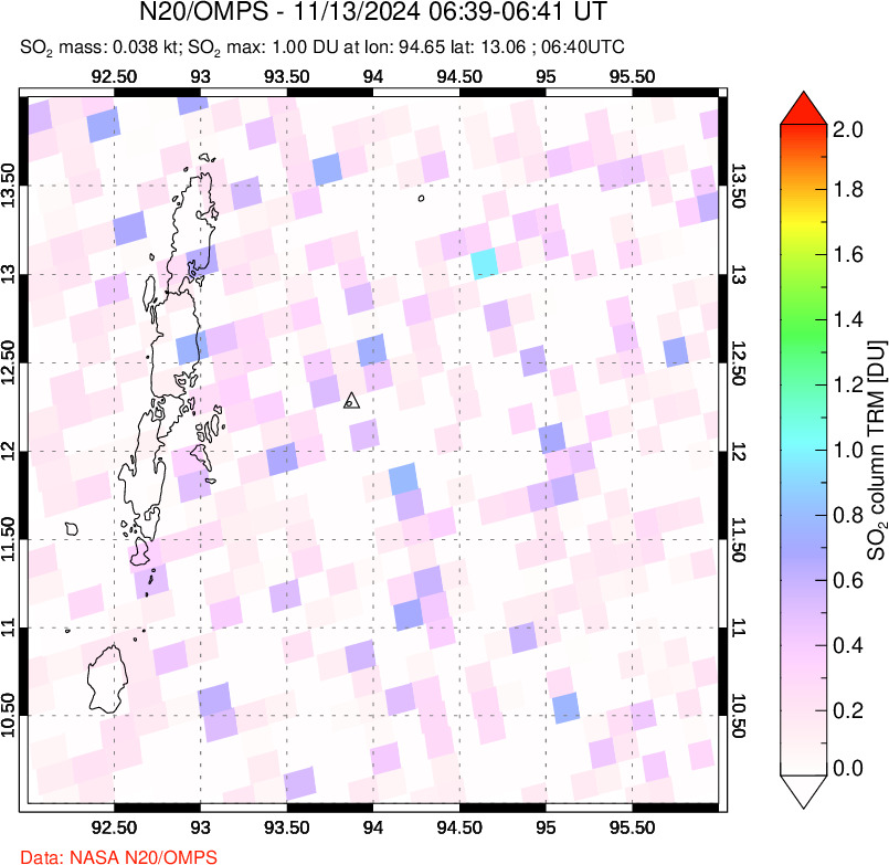 A sulfur dioxide image over Andaman Islands, Indian Ocean on Nov 13, 2024.