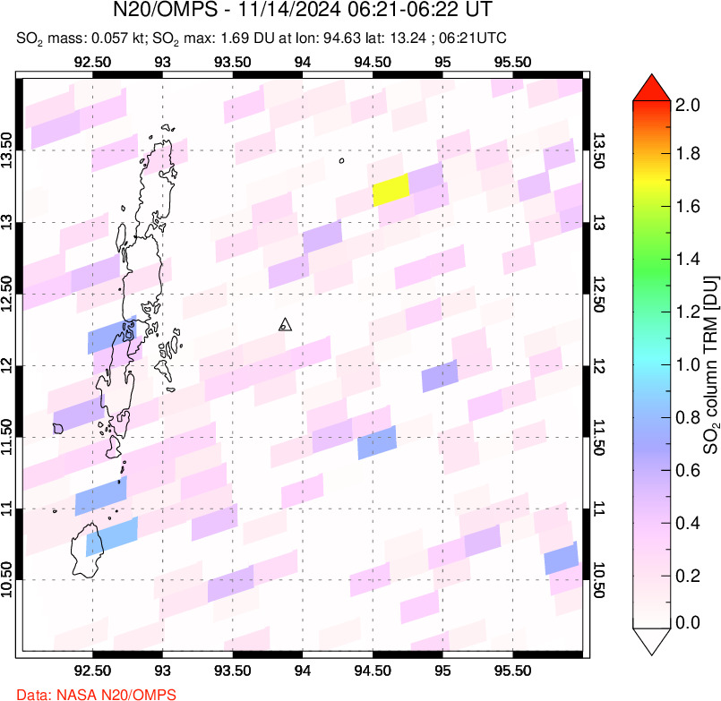 A sulfur dioxide image over Andaman Islands, Indian Ocean on Nov 14, 2024.