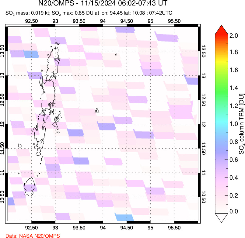 A sulfur dioxide image over Andaman Islands, Indian Ocean on Nov 15, 2024.