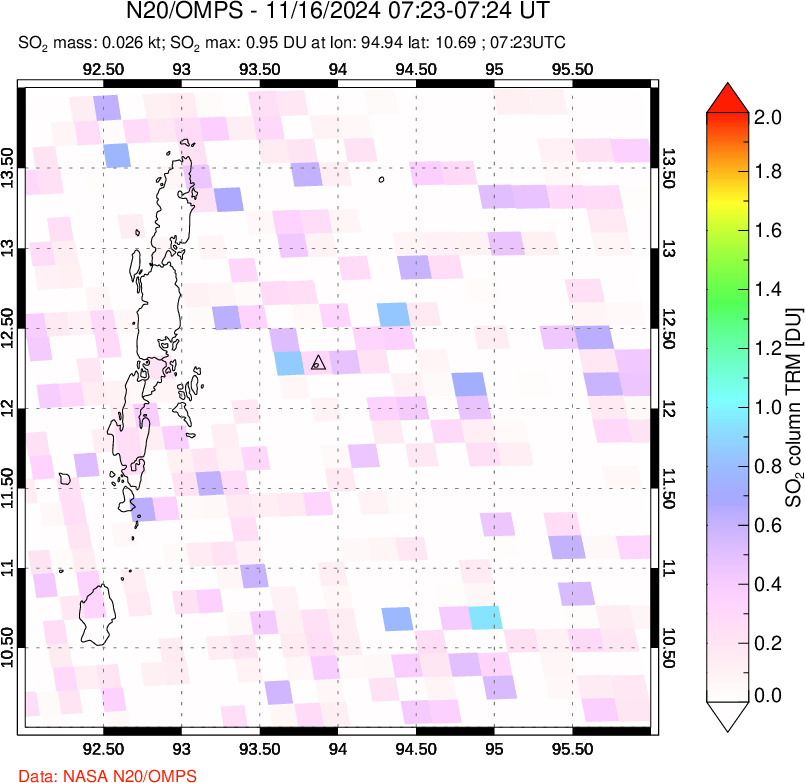 A sulfur dioxide image over Andaman Islands, Indian Ocean on Nov 16, 2024.