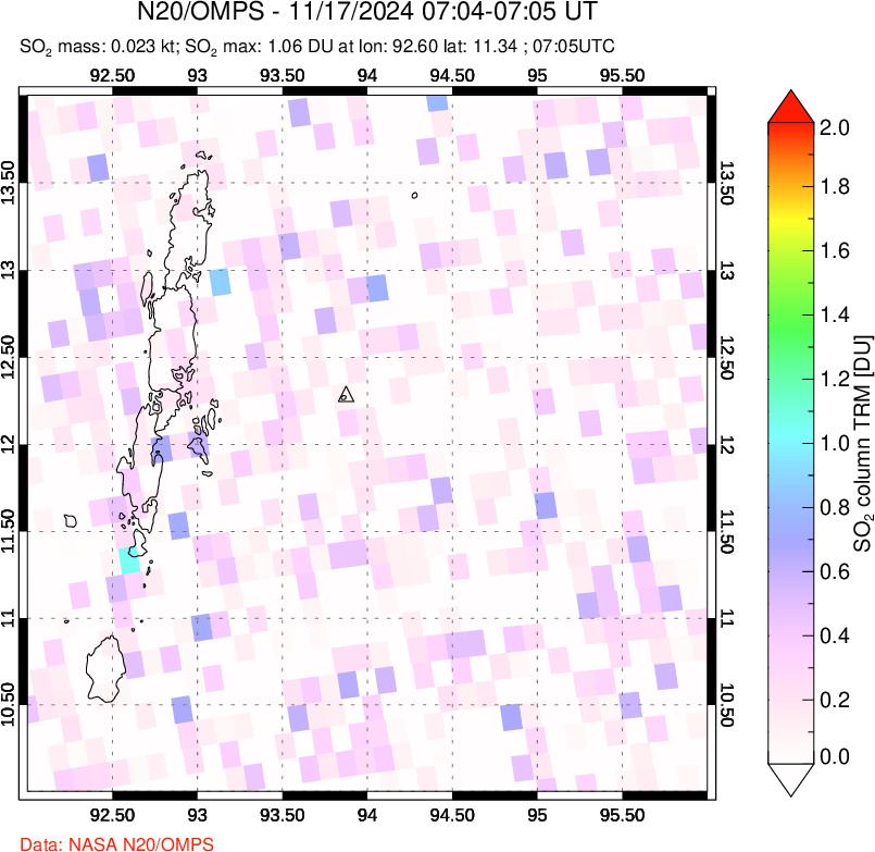 A sulfur dioxide image over Andaman Islands, Indian Ocean on Nov 17, 2024.