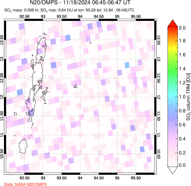 A sulfur dioxide image over Andaman Islands, Indian Ocean on Nov 18, 2024.