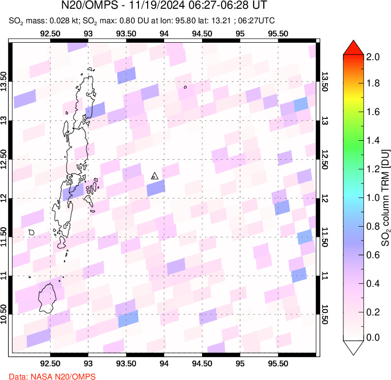 A sulfur dioxide image over Andaman Islands, Indian Ocean on Nov 19, 2024.