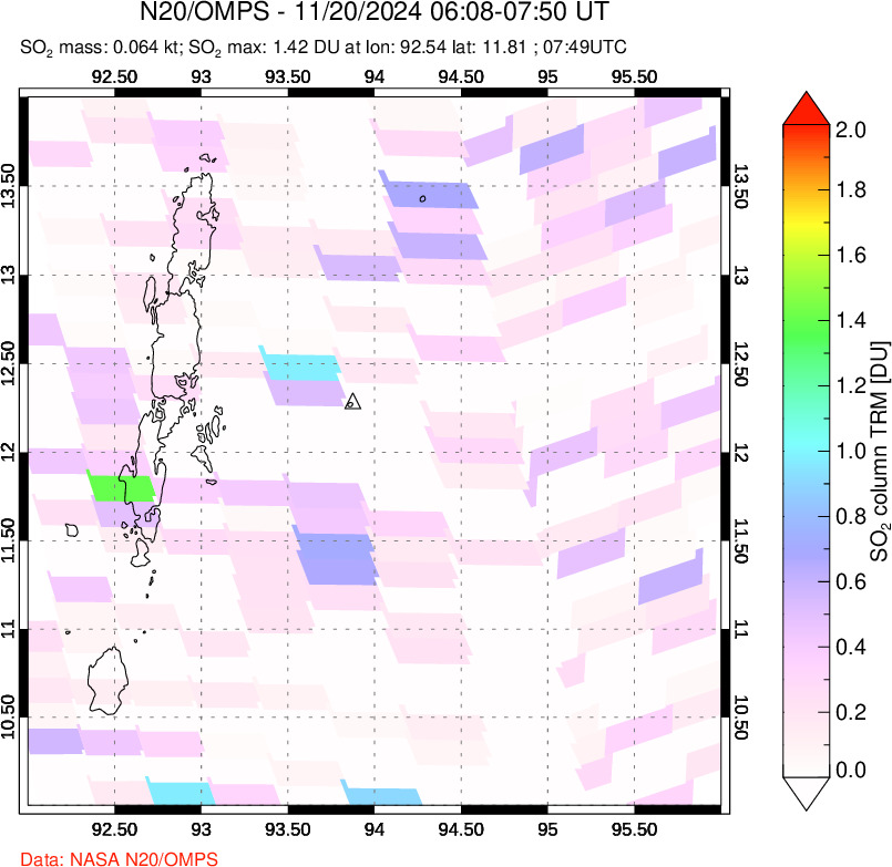 A sulfur dioxide image over Andaman Islands, Indian Ocean on Nov 20, 2024.