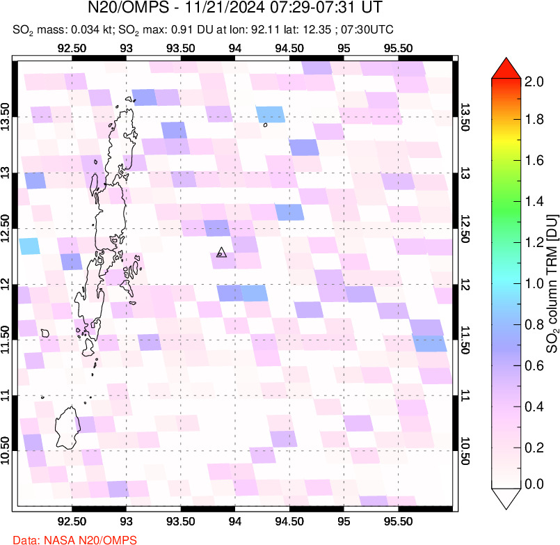 A sulfur dioxide image over Andaman Islands, Indian Ocean on Nov 21, 2024.