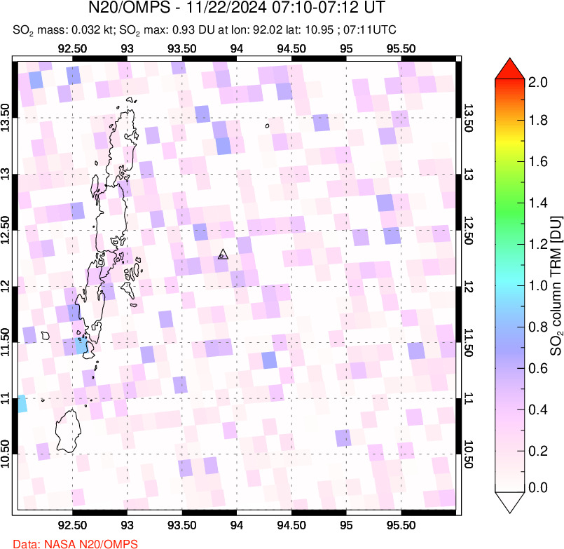 A sulfur dioxide image over Andaman Islands, Indian Ocean on Nov 22, 2024.