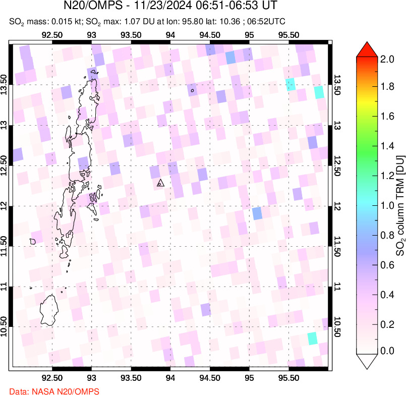 A sulfur dioxide image over Andaman Islands, Indian Ocean on Nov 23, 2024.