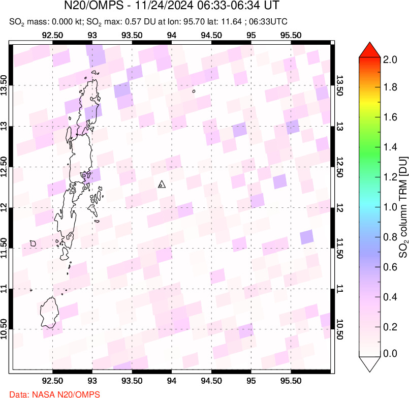 A sulfur dioxide image over Andaman Islands, Indian Ocean on Nov 24, 2024.