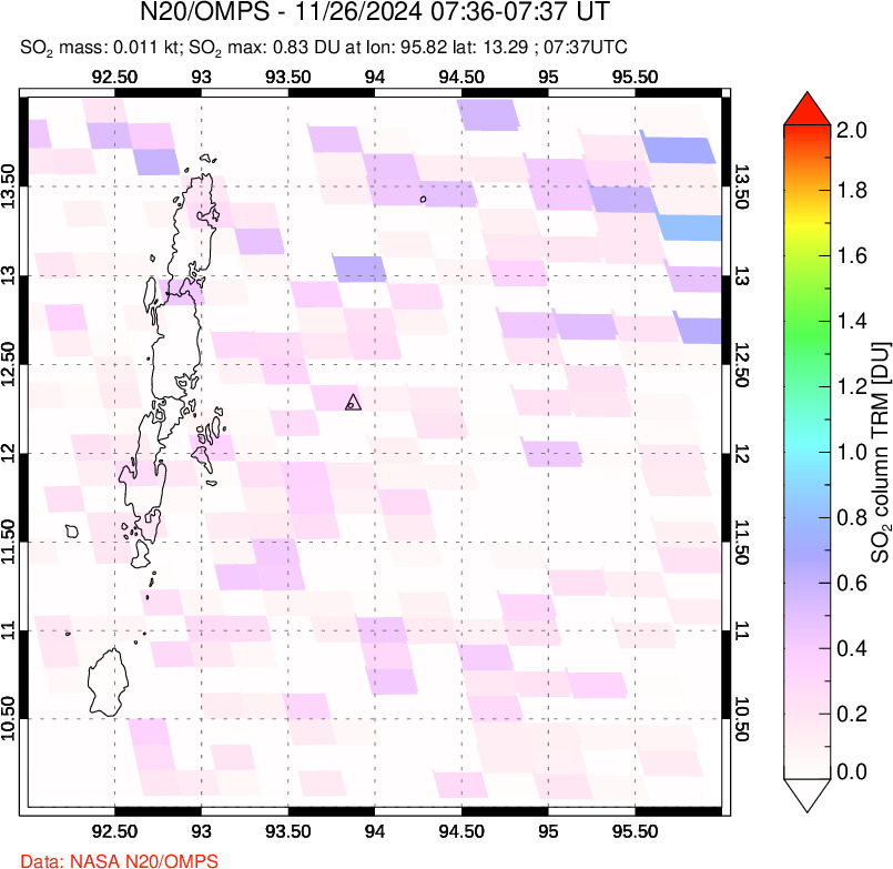 A sulfur dioxide image over Andaman Islands, Indian Ocean on Nov 26, 2024.